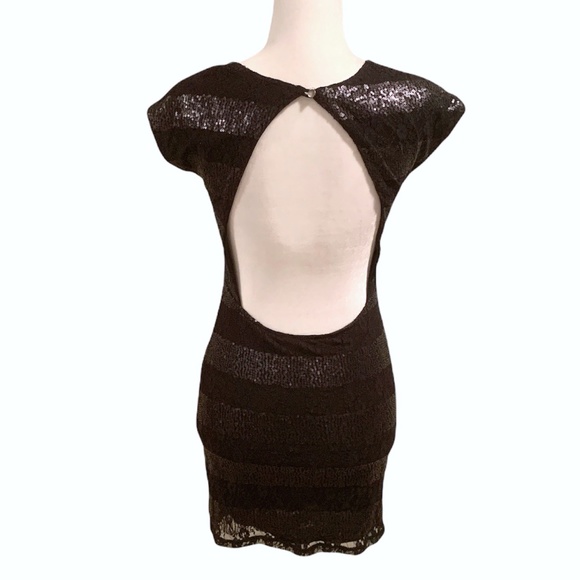 Sequin Lace Stripe Open Keyhole Back Little Black Dress - Picture 3 of 9